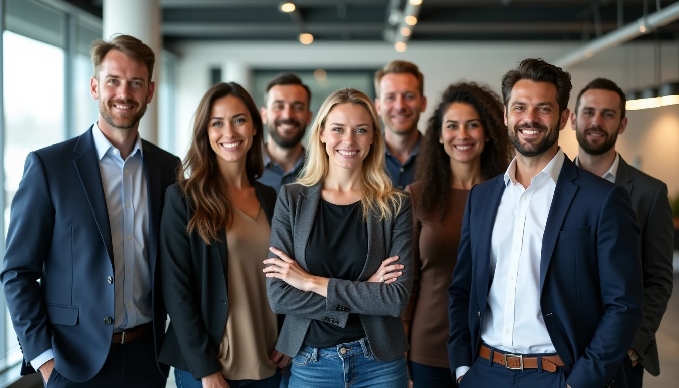 Portrait of the diverse editorial team of AutoProzess Magazin standing in a bright Berlin office, looking confident and professional