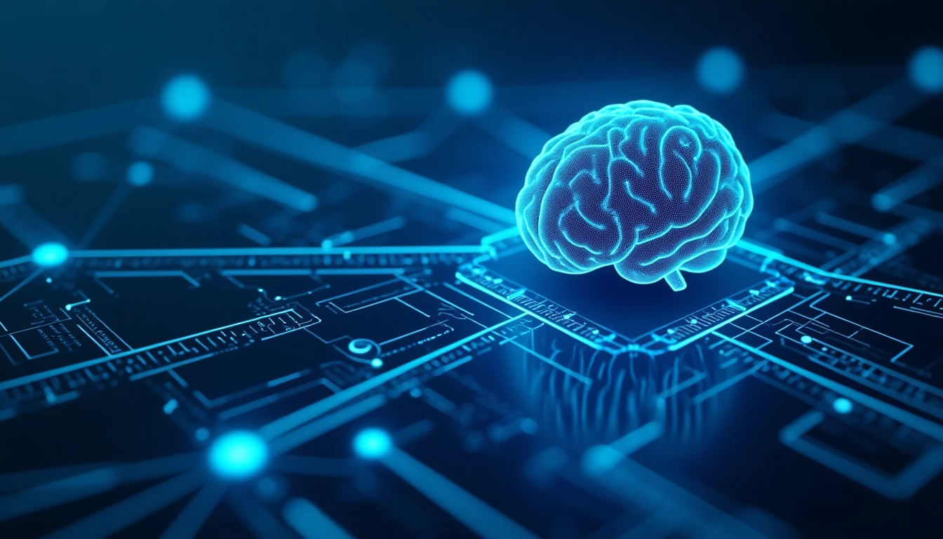 Futuristic digital illustration of GPT-4 brain neural network connecting with corporate server racks, glowing blue lines, isometric view