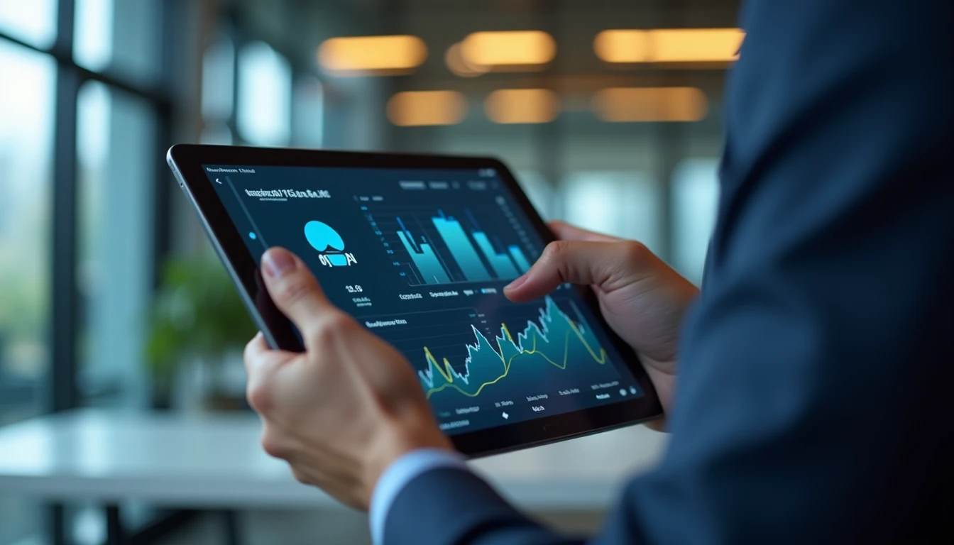Business analyst working on a tablet showing automation graphs and OpenAI logo, blurred modern office background, professional attire