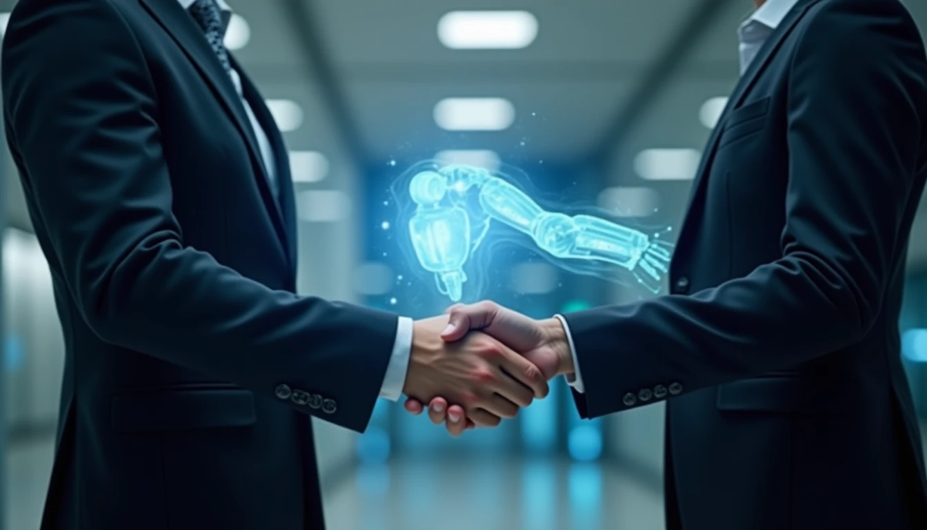Two professionals shaking hands with a holographic robot arm in the background, symbolizing partnership between humans and AI automation